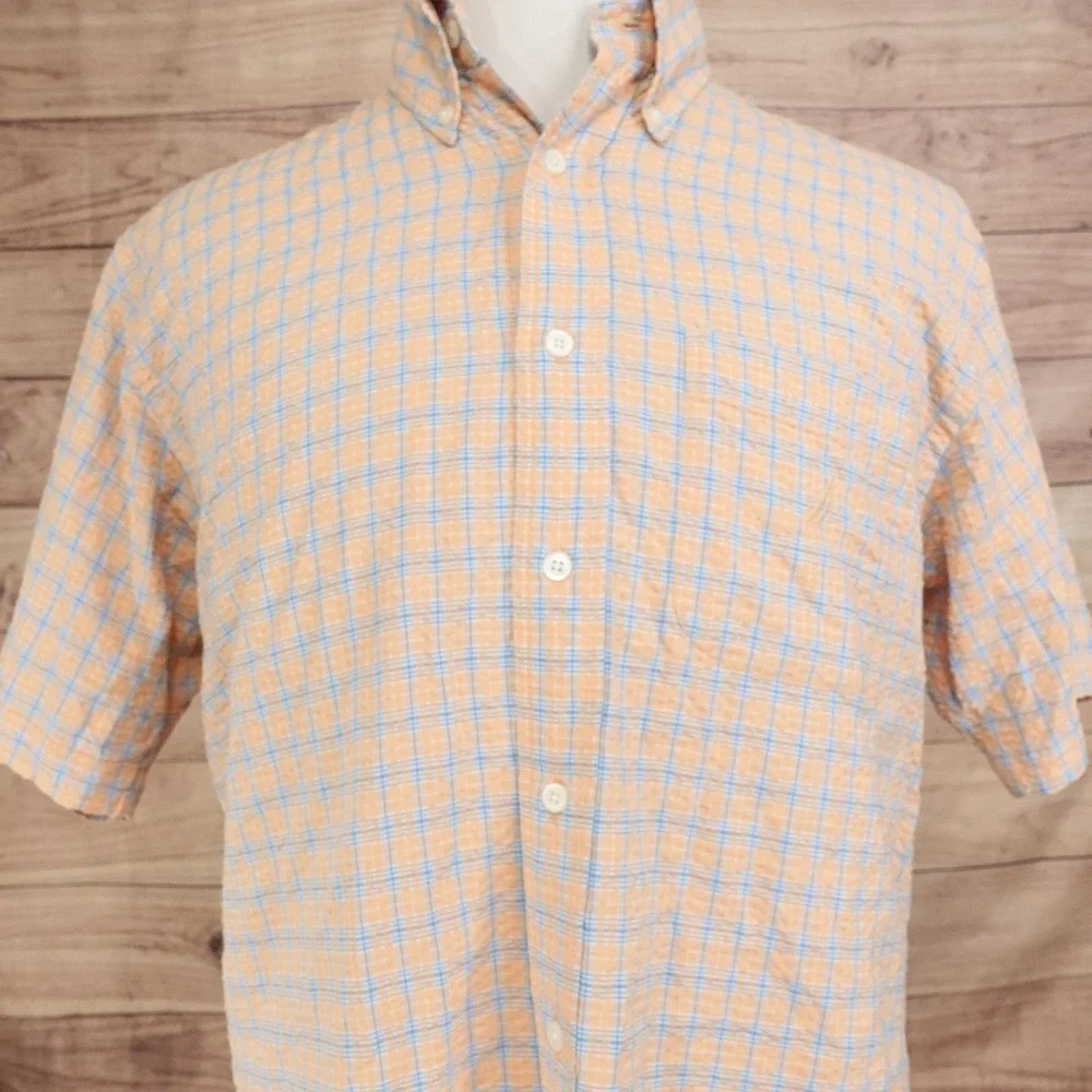 Nautica Shirt Mens L Orange Plaid Short Sleeve Button-Up Seersucker Cotton Rayon